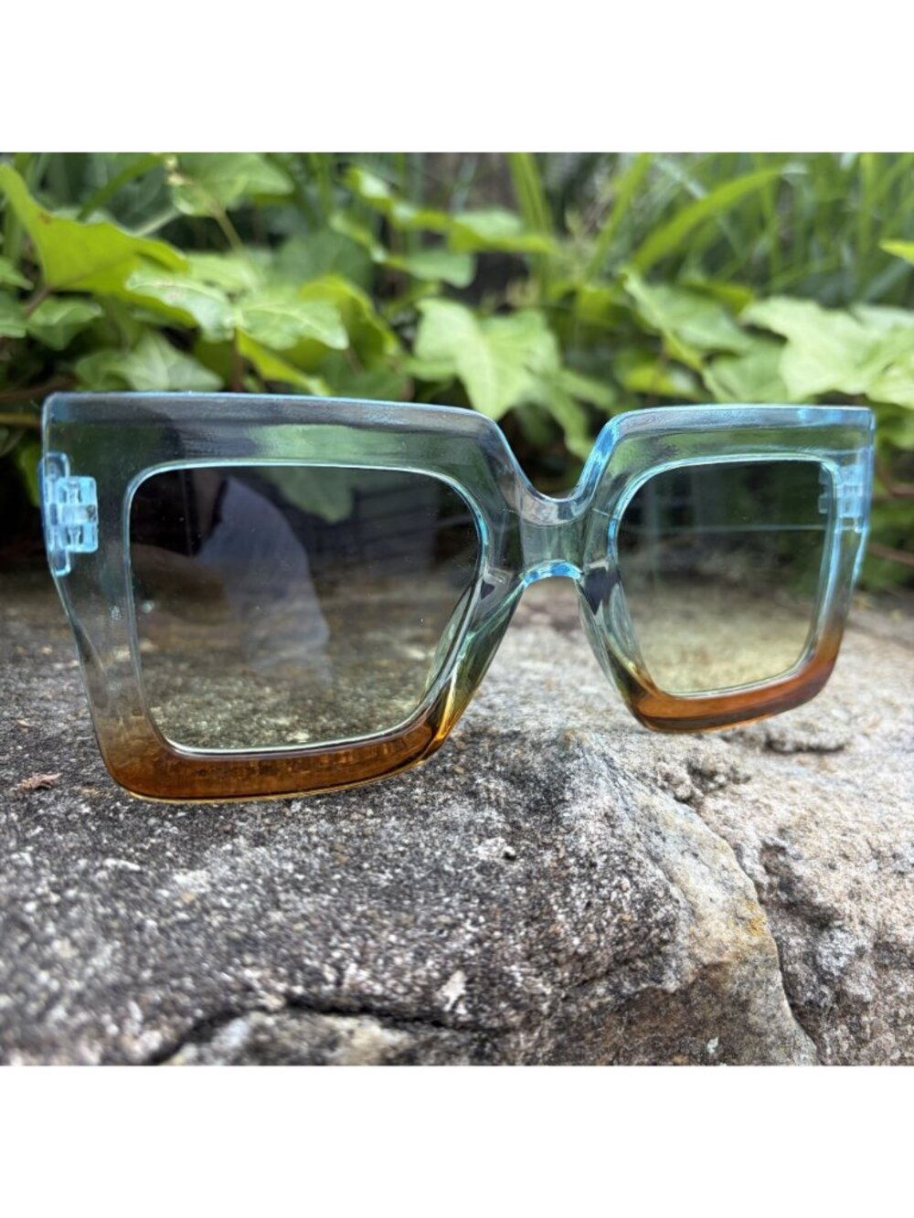 Oversized Square Gradient Sunglasses Blue Amber Ombre Retro Festival Sunnies - Picture 13 of 16